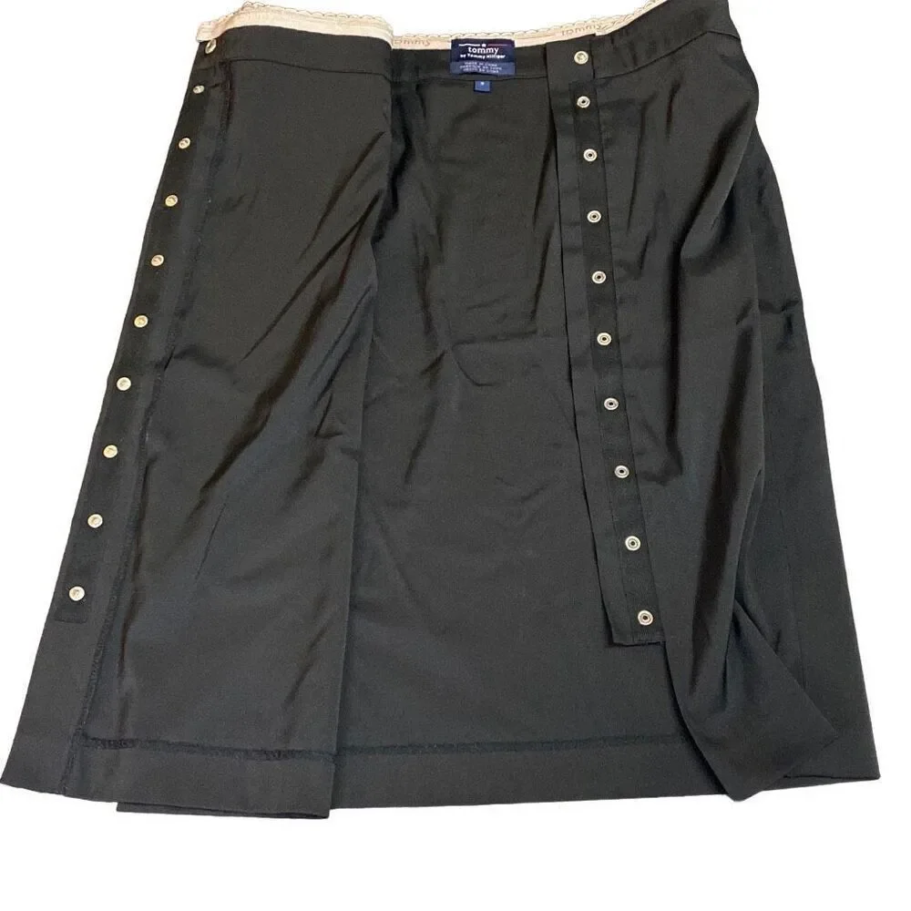 Y2K Tommy Hilfiger Wrap Skirt Snap Front Off Center Black Size 9 VTG 1999